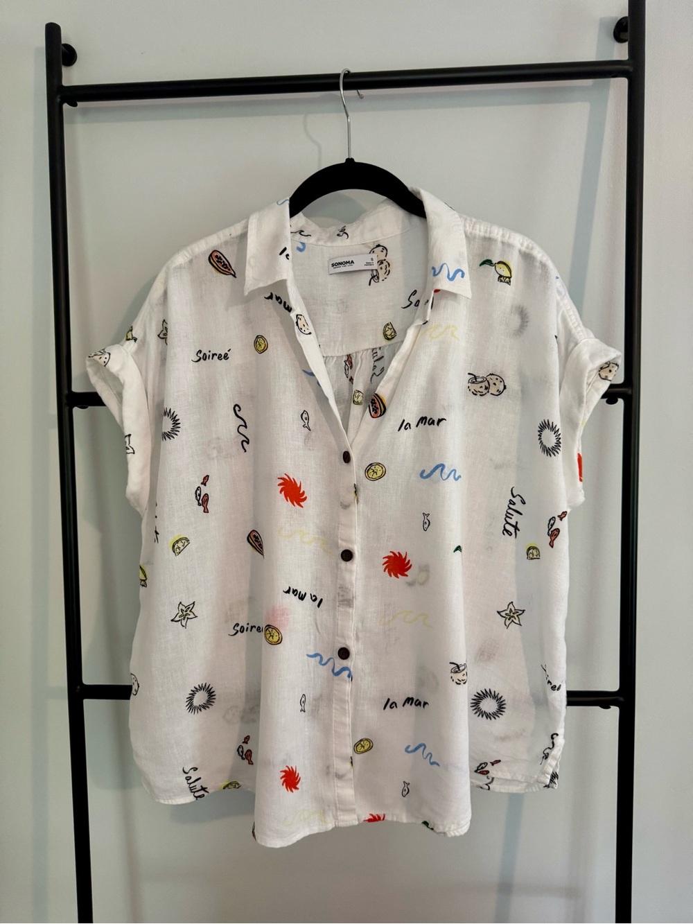 Sonoma Sunny Days White Printed Linen-blend Short-Sleeve Button-down, Small